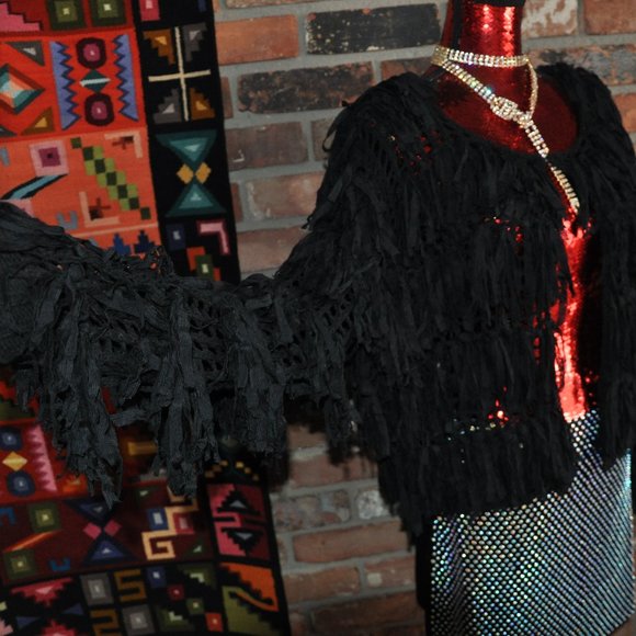 Minkas SHAGGY Black KNIT Ribbon FRINGE CARDIGAN SWEATER XL - Picture 5 of 8
